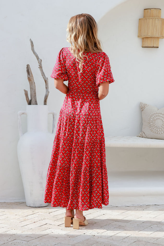 Floral red wrap on sale dress